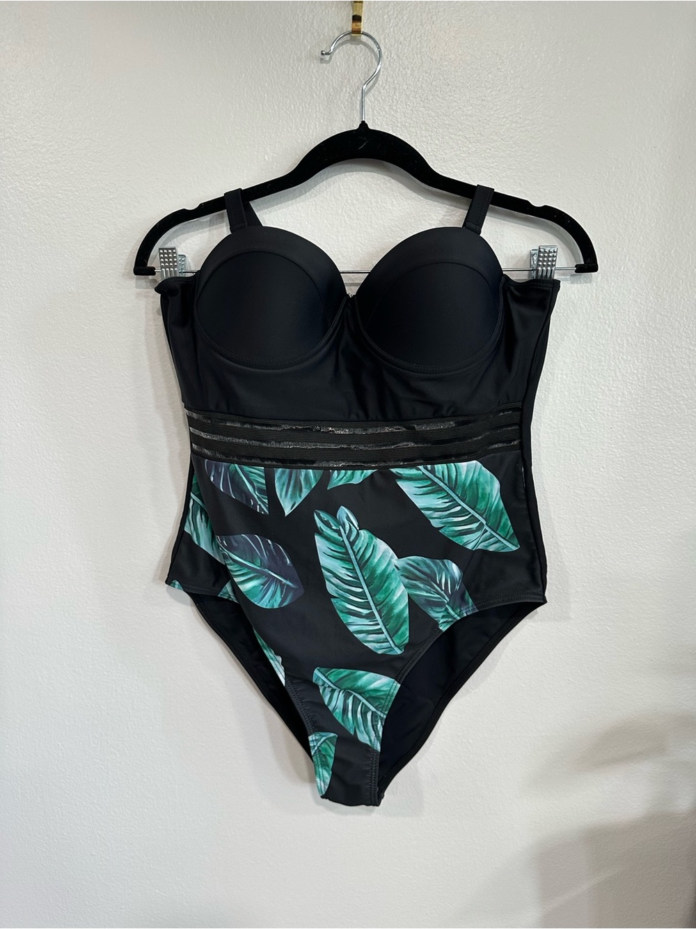 Black One-Piece Swimsuit with Green Leaf Print